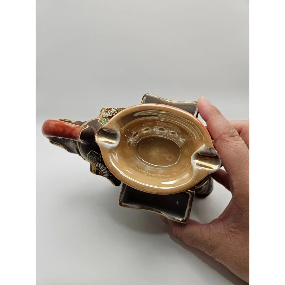 Vtg 1920's/30's Satsuma Moriage Elephant Ashtray Cigarette & Match Holder, Japan